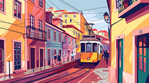 copy space, illustration, handdrawn cartoon style, Photo of a tram in Lisbon, Portugal with people walking in the street and buildings along the streets. daylight. An old yellow tram moving down cobbl