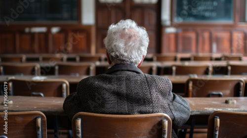 An elderly woman is seated in a classroom with her back facing the camera, showing her engagement in the learning environment
