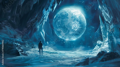 Through the icy cavern depths, an explorer discovers an ancient globe made of solid crystal, continents formed within
