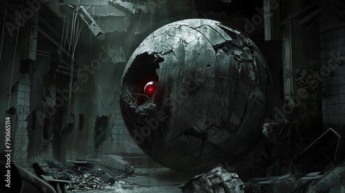 A massive metallic globe covered in dents and blast scoring in a darkened room, a single red light still blinking inside