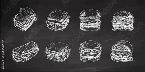 Burgers and sandwiches set on chalkboard background. Hand-drawn monochrome sketches of different burgers and sandwiches with bacon, cheese, salad, tomatoes, cucumbers etc.
