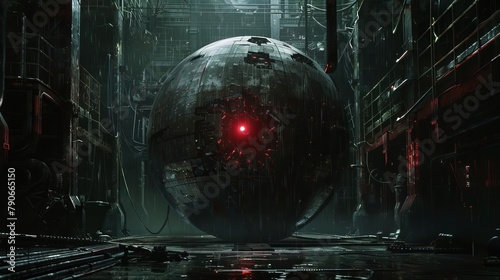 A massive metallic globe covered in dents and blast scoring in a darkened room, a single red light still blinking inside