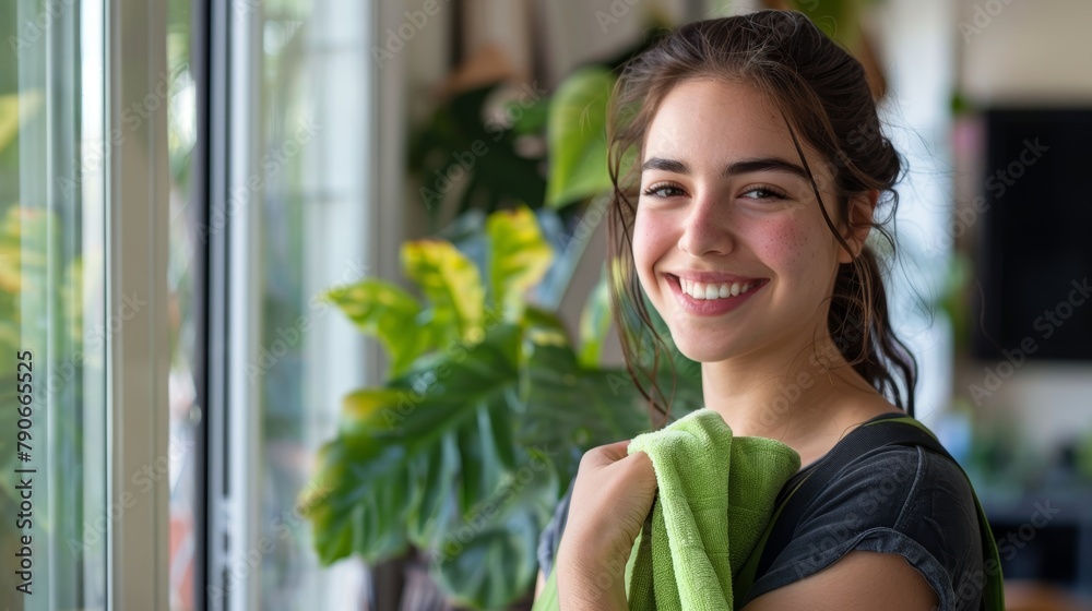 Portrait of lady wiping window with cloth in a wealthy, hospitality, or business apartment, home, or house. Woman polishing glass and spring cleaning with a smile Portrait of lady wiping window with cloth in a wealthy, hospitality, or business apartment, home, or house. Woman polishing glass and spring cleaning with a smile