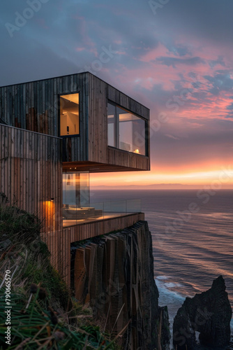 A modern wooden architecture with frameless glass built on a steep cliff with a coastal view, beautiful sunset  © grey