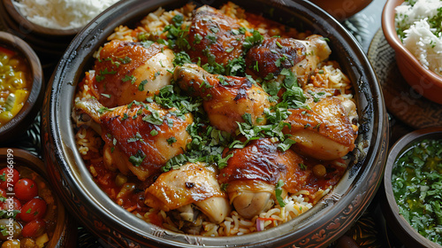 Chicken Mandy top view The national Saudi Arabian dish chicken kabsa with rice mandi, arab cuisine,, hyperrealistic food photography