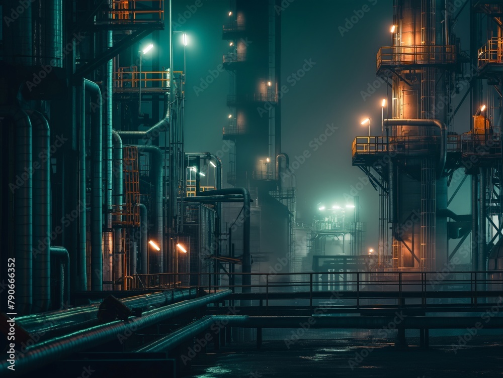A moody night scene of an industrial facility with illuminated structures and atmospheric haze.