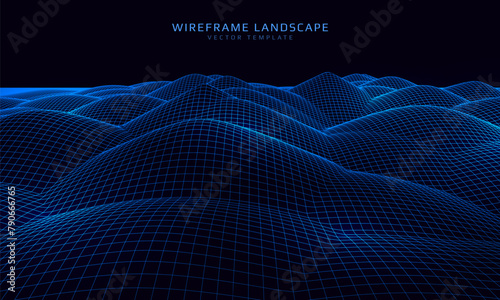 Wireframe landscape. Futuristic 3d mesh background. Digital hills technology. Vector illustration.