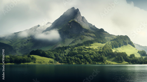 beautiful mountains covered in clouds in the middle of the lake
