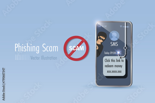 SMS phishing scam, cyber attack and digital crime. Hacker online phishing scam on SMS fraud link. Online crime steal money from mobile user. Vector.