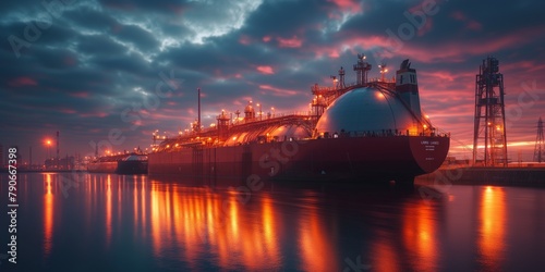 Liquified Natural Gas LNG ship tanker anchored in gas tank storage terminal port. Oil Crude Gas Tanker Ship