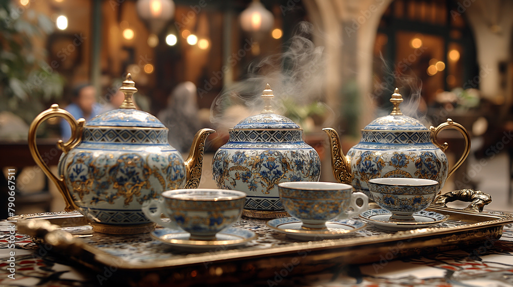 4. Arabic Tea Ceremony: A serene setting featuring a traditional Arabic tea ceremony, with ornate teapots, delicate tea cups, and aromatic mint tea served on intricately patterned 4. Arabic Tea Ceremony: A serene setting featuring a traditional Arabic tea ceremony, with ornate teapots, delicate tea cups, and aromatic mint tea served on intricately patterned