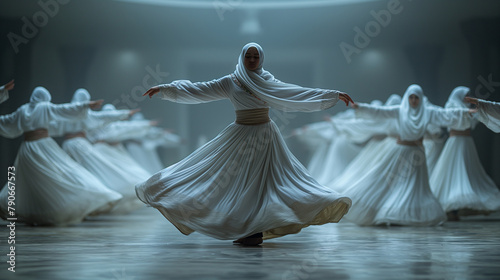 7. Sufi Whirling Dervishes: A captivating performance of Sufi whirling dervishes, with dancers dressed in flowing white garments spinning gracefully amidst swirling patterns of lig photo