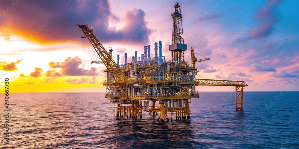 Industry of Offshore Jack Up Oil Rig at gulf in The Middle of The Sea at Sunset Time. arial view of oil rig platform