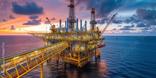 Industry of Offshore Jack Up Oil Rig at gulf in The Middle of The Sea at Sunset Time. arial view of oil rig platform
