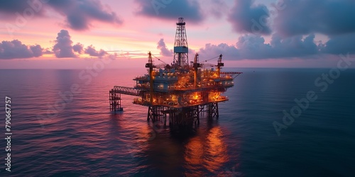 Industry of Offshore Jack Up Oil Rig at gulf in The Middle of The Sea at Sunset Time. arial view of oil rig platform photo