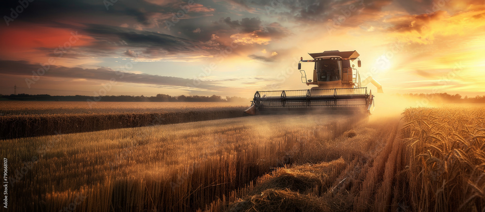 Fototapeta premium Agricultural Combine Harvester Working in a Wheat Field at Sunset