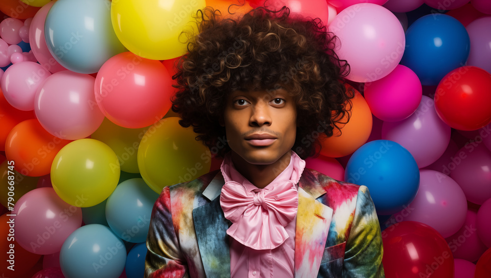Obraz premium Man with curly hair and colorful suit against balloon backdrop
