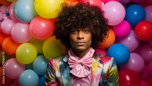 Man with curly hair and colorful suit against balloon backdrop © bashkirovaphoto