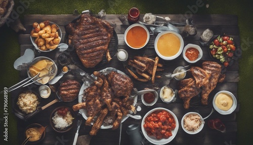 An outdoor grill party with condiments arranged neatly.