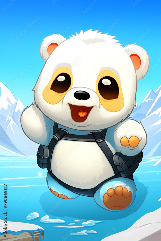 Fototapeta premium Illustration of a cute little panda sitting on a melting glacier