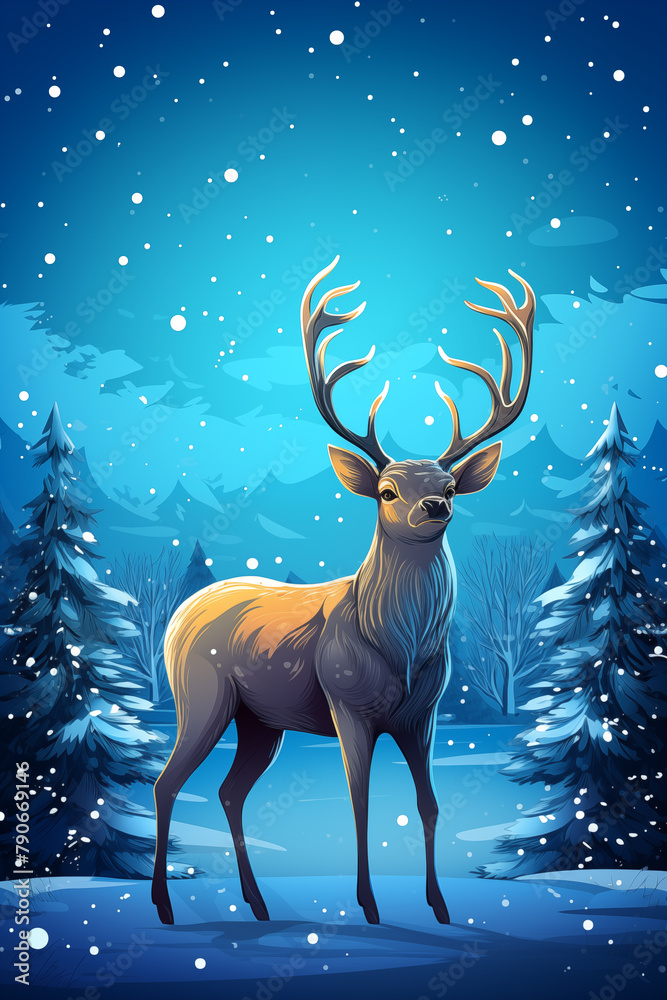 Fototapeta premium Deer in the winter forest. illustration for your design.