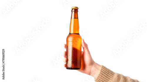 A hand holding beer bottle without label over a white background.