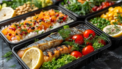 Fresh and Healthy Fish & Veggie Meal Prep Containers. Concept Meal Prep, Fresh Ingredients, Healthy Choices, Fish Recipes, Veggie Containers photo