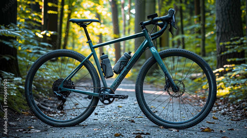 Dark teal gravel bike on a forest path
