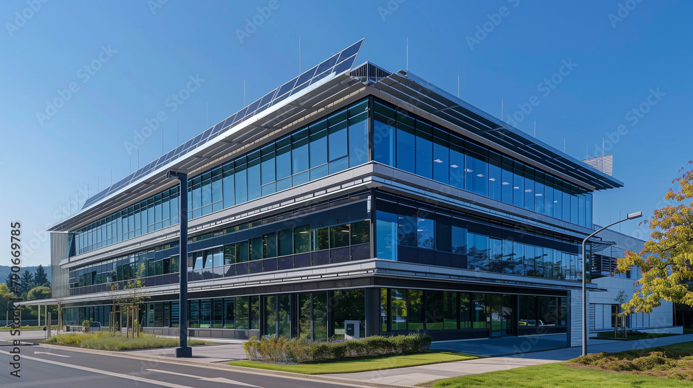 A modern office building with integrated solar panels