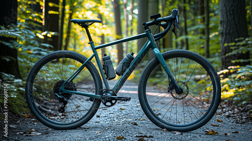 Dark teal gravel bike on a forest path