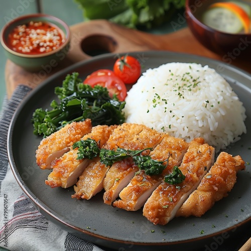 Crispy Chicken and Rice, gourmet, meal, plate, dinner, Asian cuisine, fried, white rice, greens, tomato, fresh, healthy