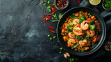 chinese food, chinese traditional cuisine dishes on dark background, top view, copy space, hyperrealistic food photography