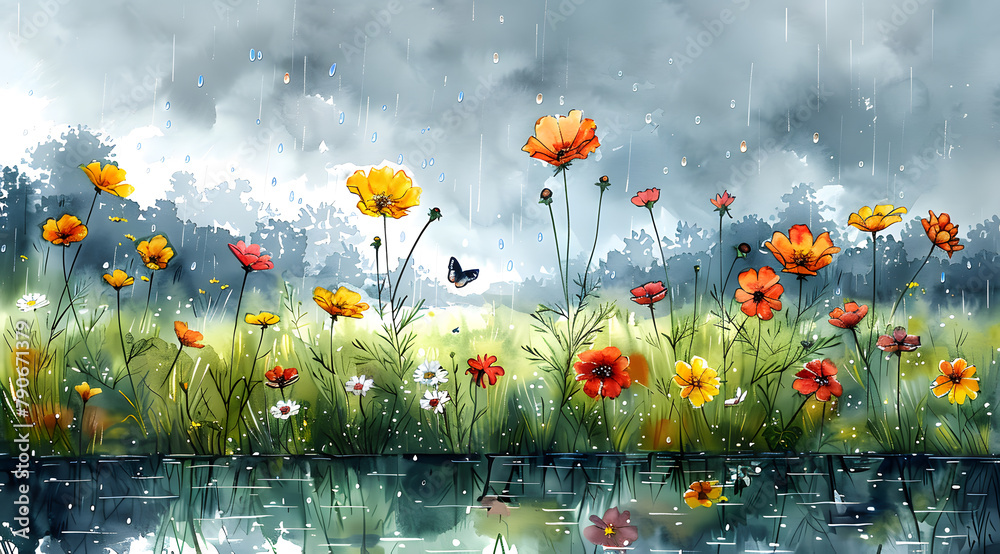 Droplets of Tranquility: Watercolor Delicacy in a Spring Rain Meadow