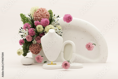 Bust showcase jewelry display for necklace pendant with colorful flowers on white beige background. Advertisement idea. Creative composition. 3d render, social media and sale concept