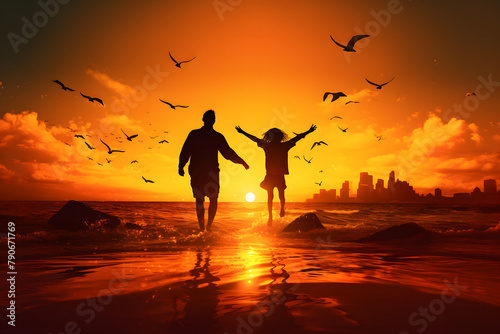Silhouette of happy family jumping on the beach at sunset  father s day concept  