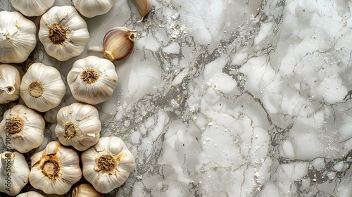 Heads of garlic lie on the white marble countertop