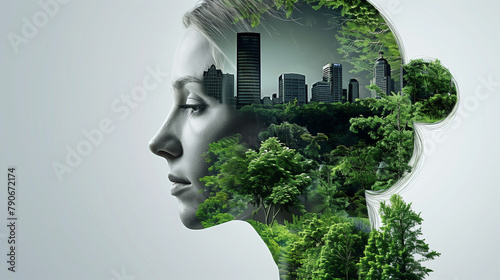 Woman portrait with double exposure and with a flower. Double exposure with young woman in the modern cityscape and forest. Double exposure of nature landscape mountain forest and woman face.  © Sweetrose official 