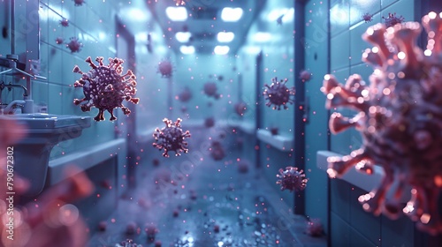 The image shows a hospital hallway with glowing red virus particles floating in the air.