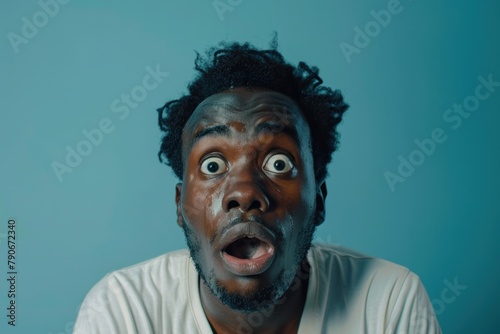 Young black man displaying a surprised and astonished expression in close-up on a blue backdrop © Minerva Studio