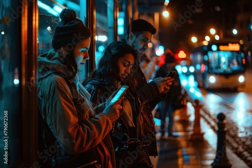 Diverse group of people using smartphones while waiting at a bus stop under city lights at night
