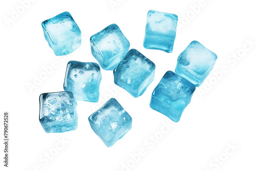 Clear and transparent ice cubes, captured in a lifelike manner against a pristine white backdrop.