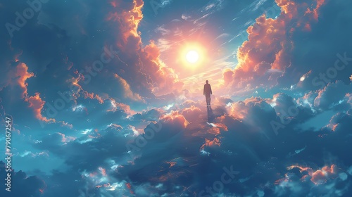 people walk towards heaven through a sea of clouds with divine light #790672547