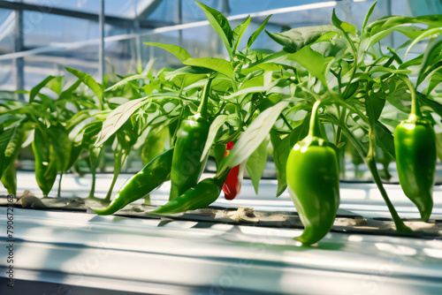 Gemüse Paprika grün im Gewächshaus aus Glas Hintergrund photo