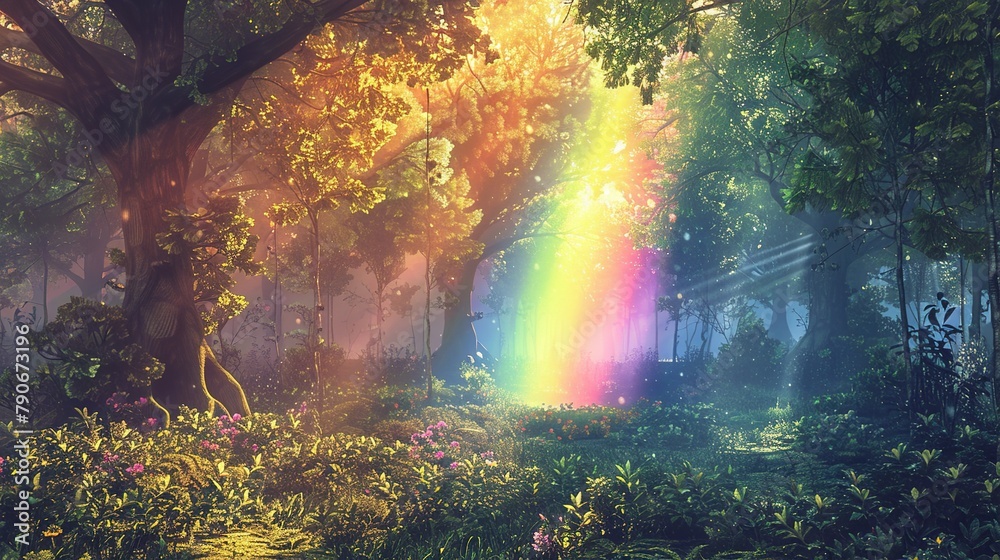 Magical fantasy fairytale forest with rainbow and trees