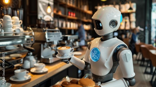 A humanoid robot barista creating latte art in a trendy coffee shop