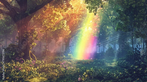 Magical fantasy fairytale forest with rainbow and trees © Boraryn