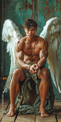 Man With Angel Wings Sitting on Wooden Floor