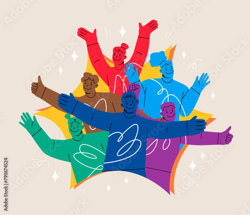 People tearing up the space in book. Man and woman look through a torn paper hole. Colorful vector illustration