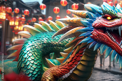 Neujahr asiatisches Drachenfest mit rot goldenen Drachen © Pixelot