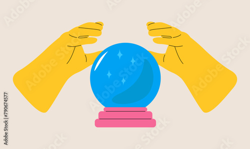 Hands holding a crystal ball. Colorful vector illustration